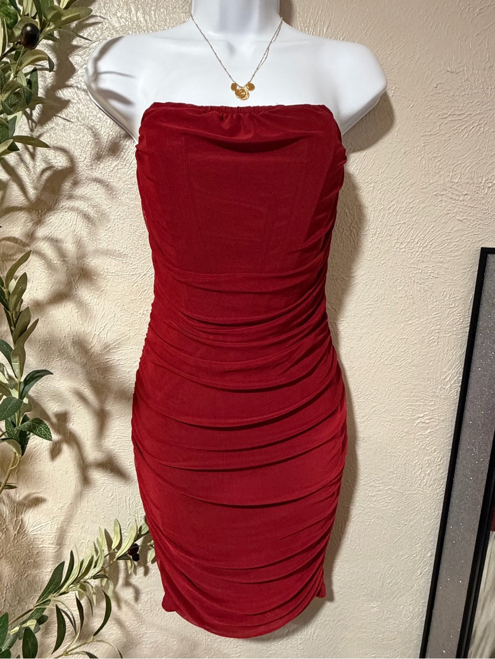 Othr Strapless Ruched Bodycon Dress in Rich Red